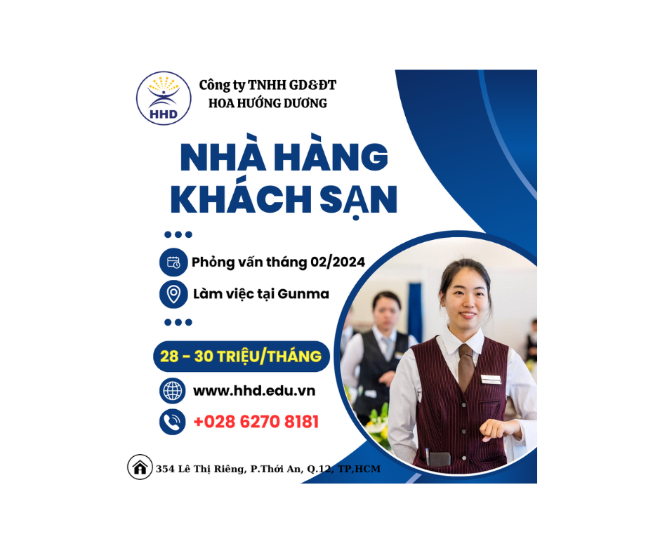 Tuyển dụng 04 Nữ Thực Tập Sinh Đơn Hàng: Nhà Hàng Khách Sạn Tháng 04/2024
